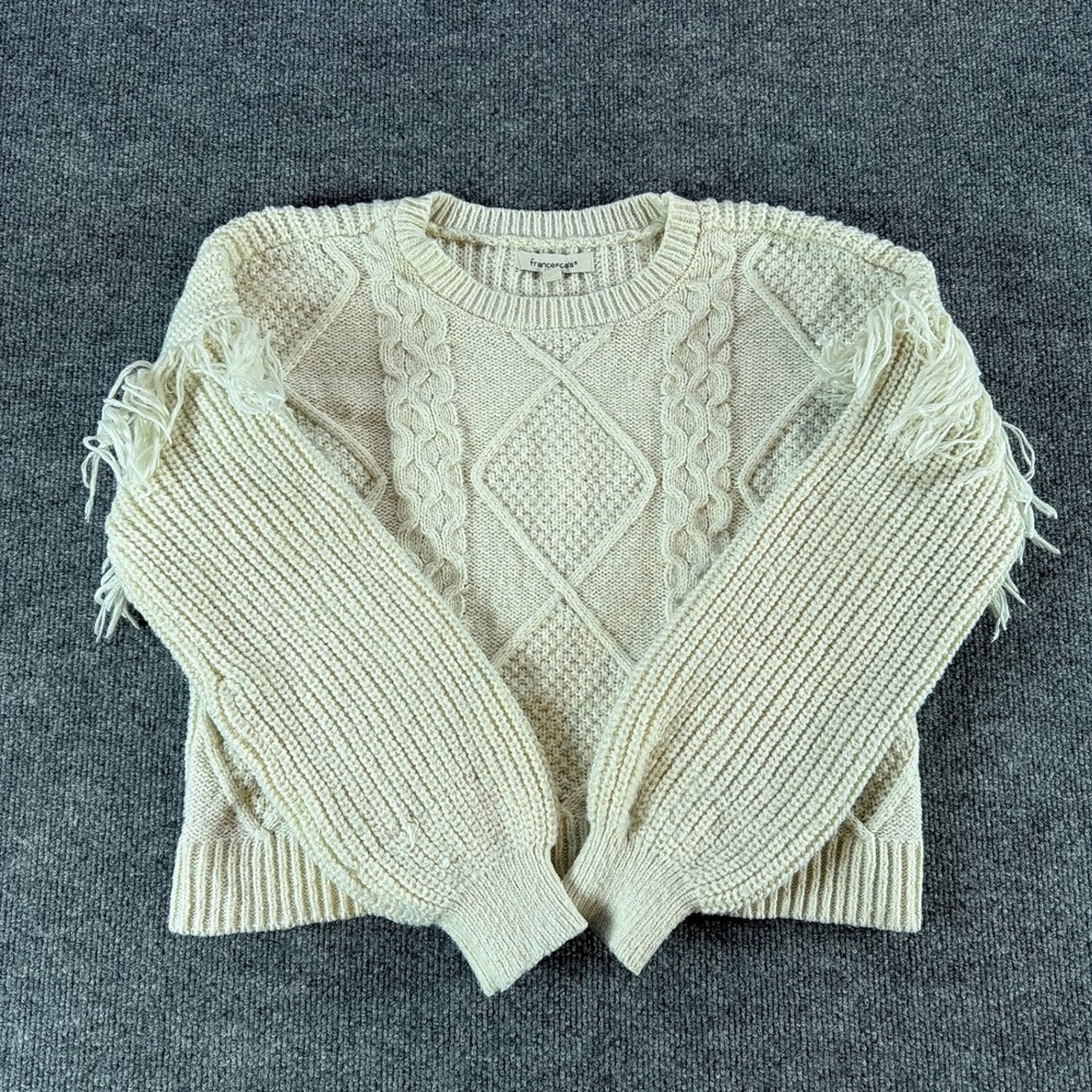 Francescas Cream Cable Knit Fringe Shoulder Sweater Ivory Boho Small Chunky